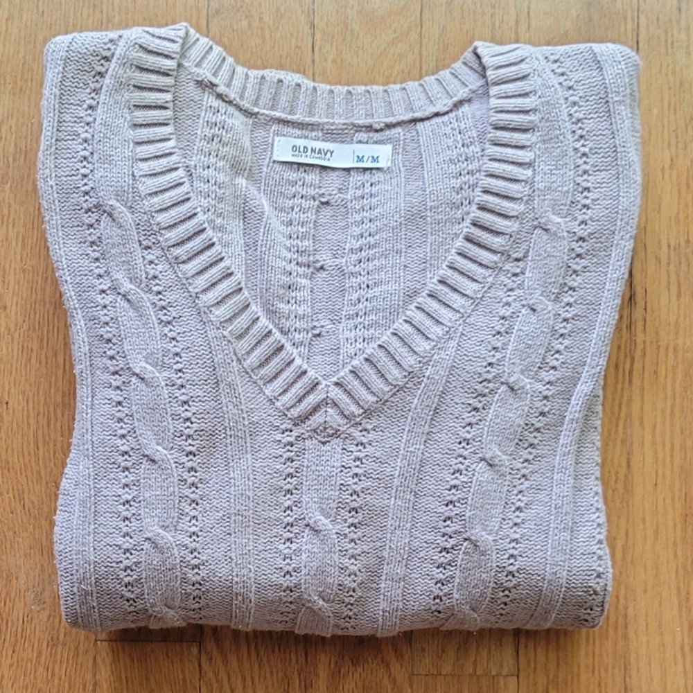 Tan Cable-Knit V-Neck Sweater